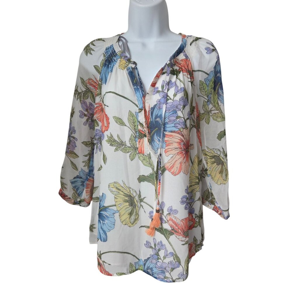 Daniel Rainn Floral Chiffon 3/4 Sleeve Tunic With Tassel Tie Neckline S